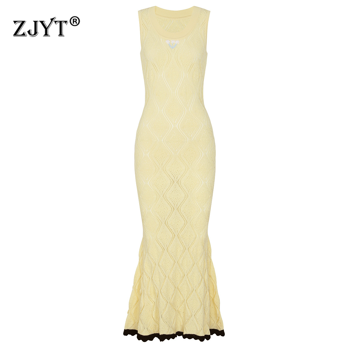 Embroidery Yellow Dress - ZJYT 여성 여름 롱 니트 드레스